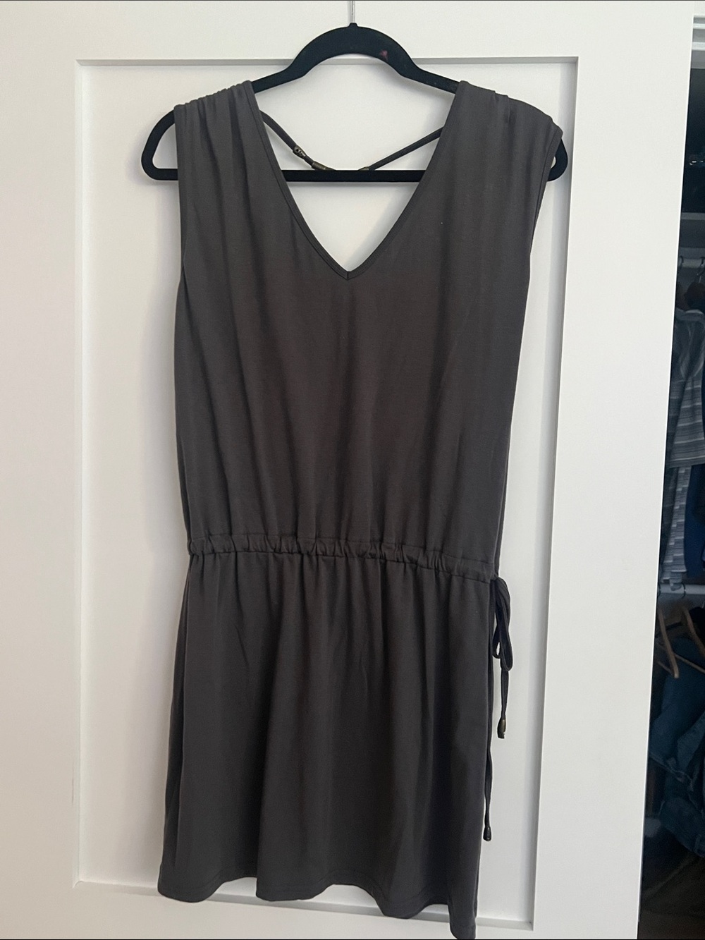 V-Neck Drawstring Mini Dress in Charcoal